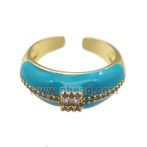 copper Ring pave zircon with teal enamel, gold plated
