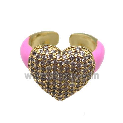 copper Ring paved zircon with pink enamel, heart, gold plated