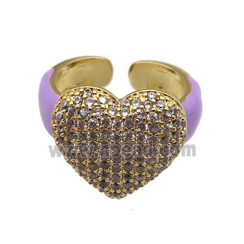 copper Ring paved zircon with purple enamel, heart, gold plated