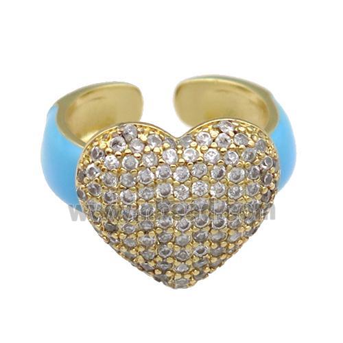 copper Ring paved zircon with teal enamel, heart, gold plated