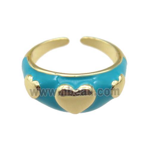 copper Ring with teal enamel, heart, gold plated