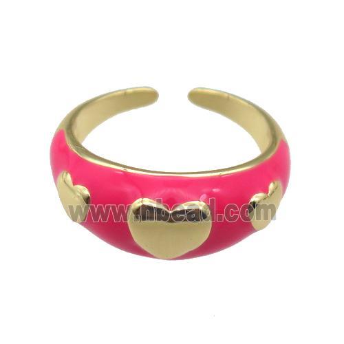 copper Ring with hotpink enamel, heart, gold plated