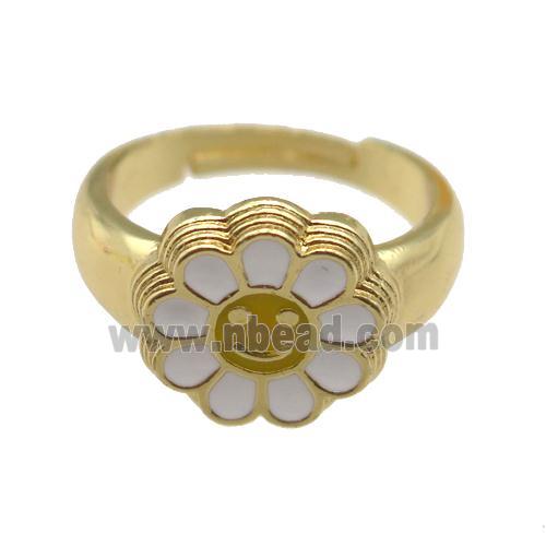 copper Ring with white enamel daisy, adjustable, gold plated