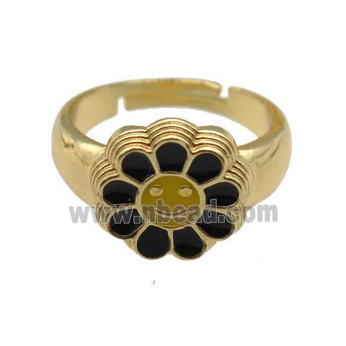 copper Ring with black enamel daisy, adjustable, gold plated