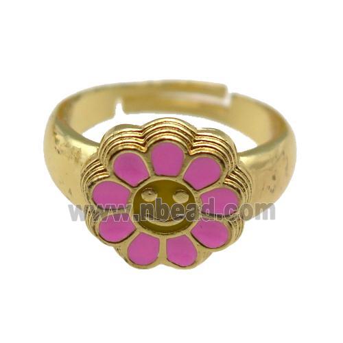 copper Ring with pink enamel daisy, adjustable, gold plated