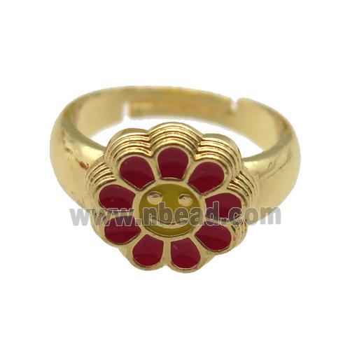 copper Ring with red enamel daisy, adjustable, gold plated