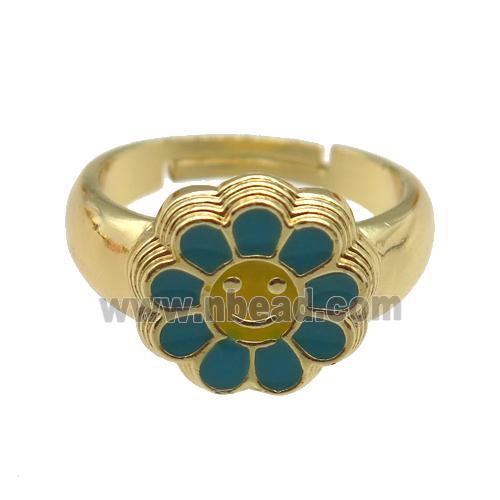 copper Ring with teal enamel daisy, adjustable, gold plated