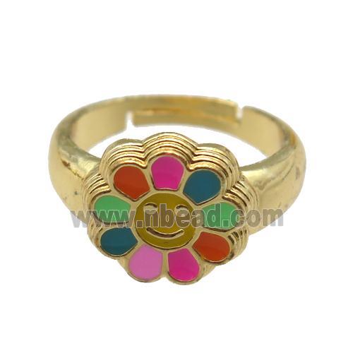 copper Ring with enamel daisy, adjustable, gold plated