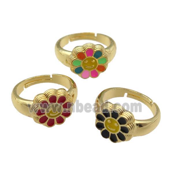 copper Ring with enamel daisy, adjustable, gold plated, mixed