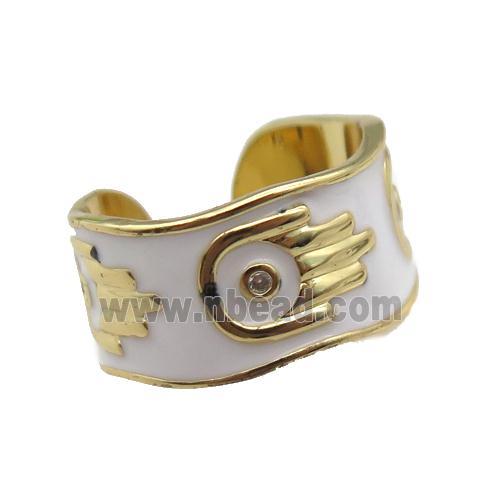 copper Ring with white enamel, hand, gold plated