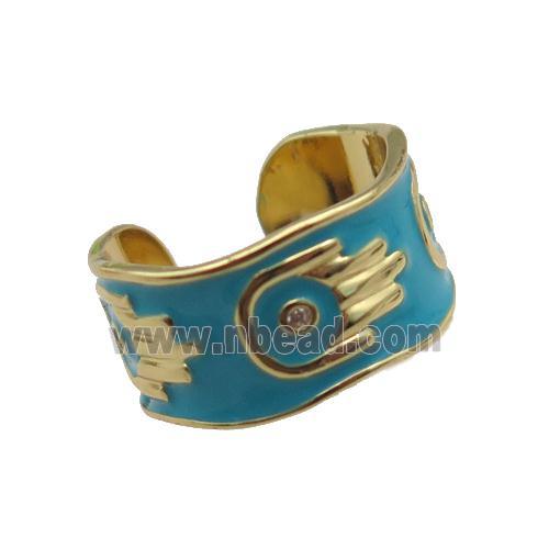 copper Ring with teal enamel, hand, gold plated