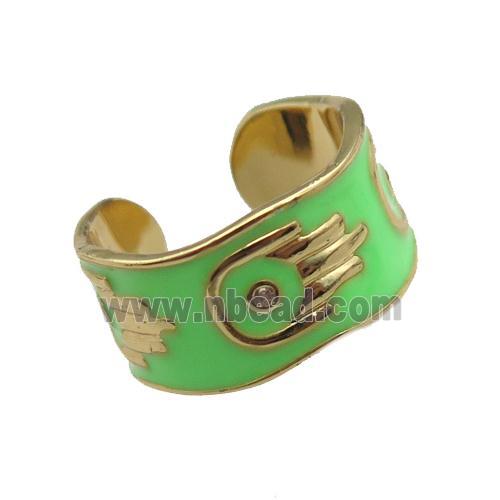 copper Ring with green enamel, hand, gold plated