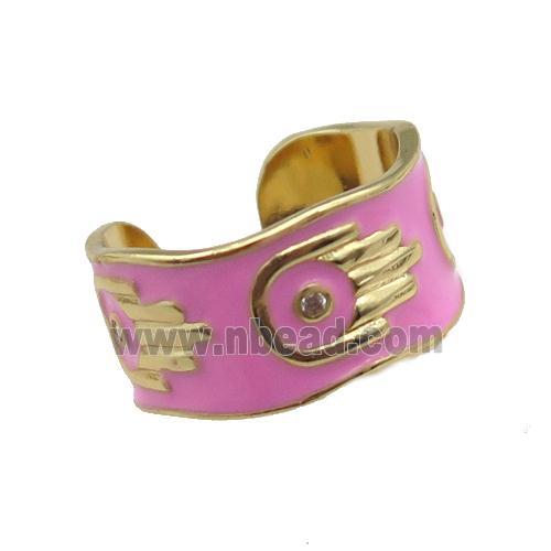 copper Ring with pink enamel, hand, gold plated
