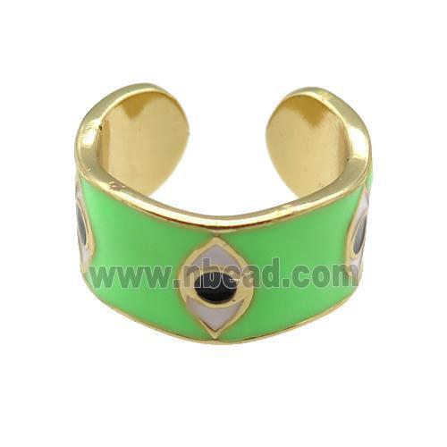 copper Ring with green enamel, evil eye, gold plated