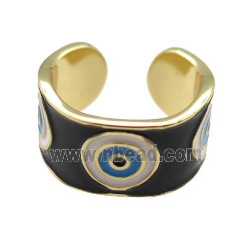 copper Ring with black enamel, evil eye, gold plated