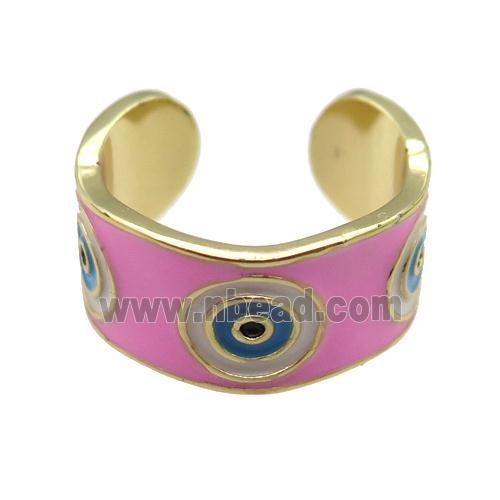 copper Ring with pink enamel, evil eye, gold plated