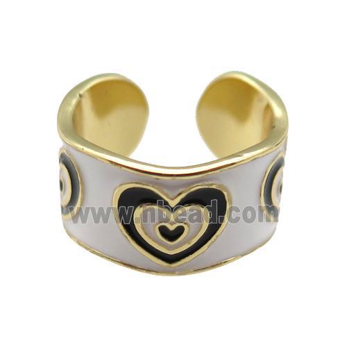 copper Ring with white enamel, heart, gold plated