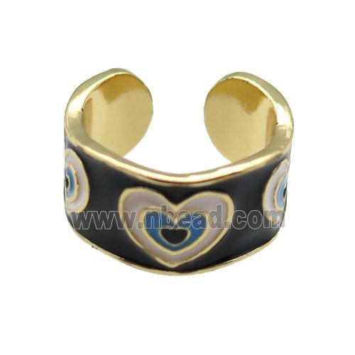 copper Ring with black enamel, heart, gold plated