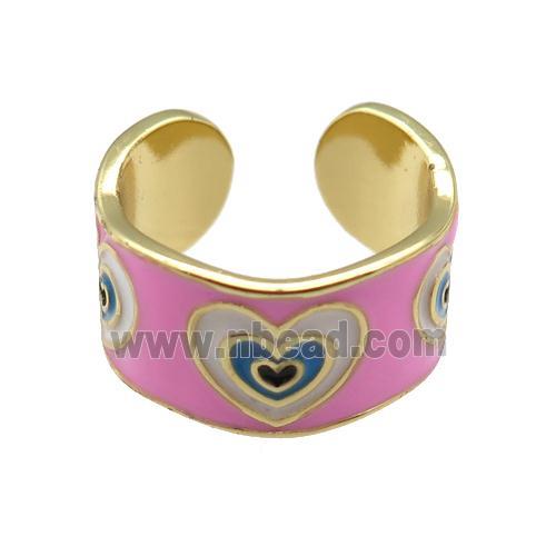 copper Ring with pink enamel, heart, gold plated