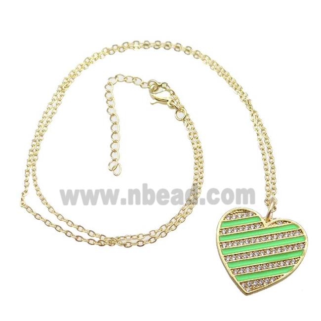 copper Necklace with green enamel heart, gold plated