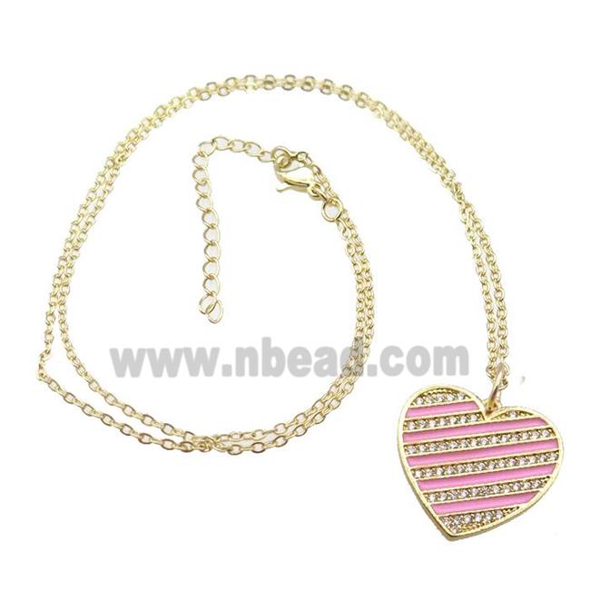 copper Necklace with pink enamel heart, gold plated