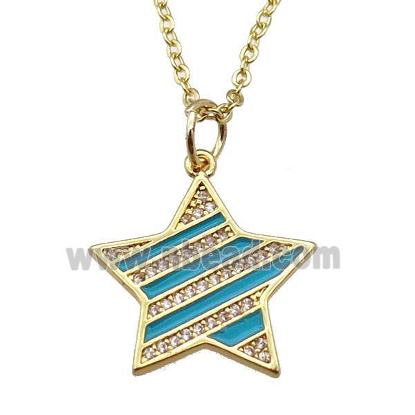copper Necklace with teal enamel star, gold plated