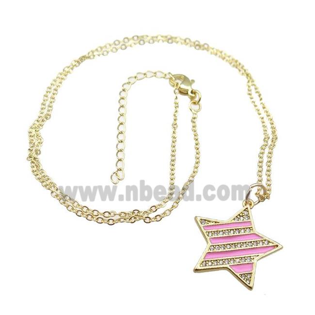 copper Necklace with pink enamel star, gold plated