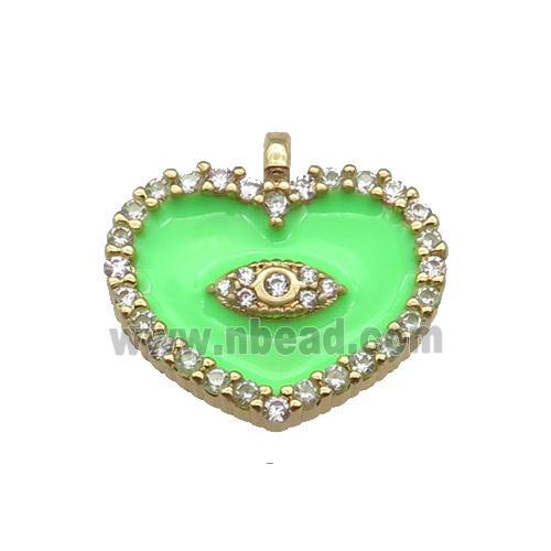copper Heart pendant paved zircon with green enamel, gold plated