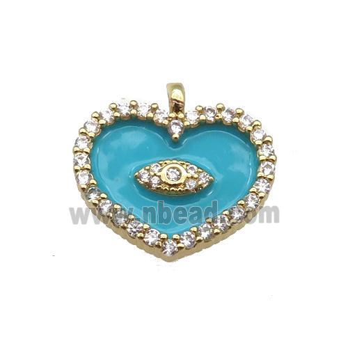 copper Heart pendant paved zircon with teal enamel, gold plated