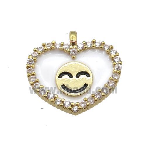 copper Heart pendant paved zircon with white enamel, happiness face, gold plated