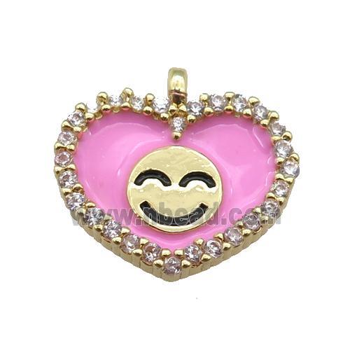 copper Heart pendant paved zircon with pink enamel, happiness face, gold plated