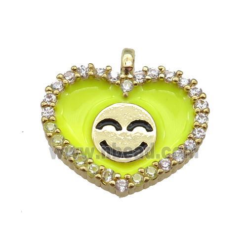 copper Heart pendant paved zircon with yellow enamel, happiness face, gold plated
