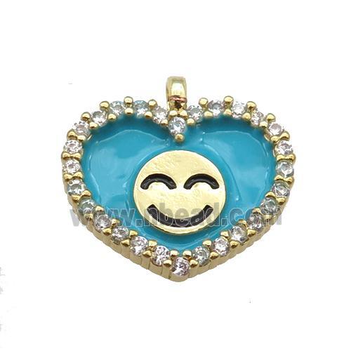 copper Heart pendant paved zircon with teal enamel, happiness face, gold plated