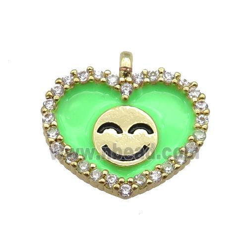 copper Heart pendant paved zircon with green enamel, happiness face, gold plated
