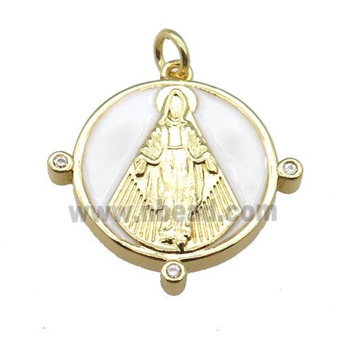 copper Pendant with Virgin Mary, white enamel, gold plated