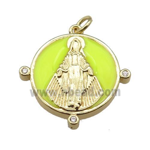 copper Pendant with Virgin Mary, yellow enamel, gold plated