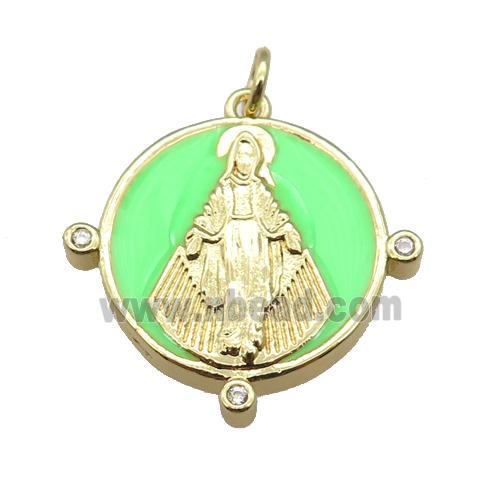 copper Pendant with Virgin Mary, green enamel, gold plated