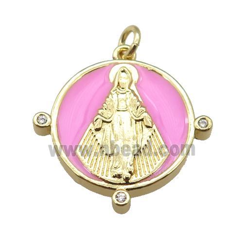 copper Pendant with Virgin Mary, pink enamel, gold plated