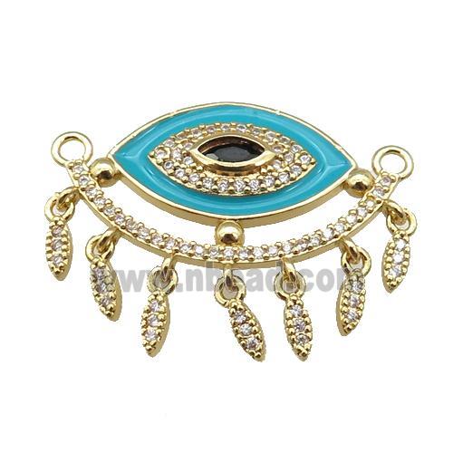 copper Evil Eye pendant paved zircon with teal enamel, gold plated