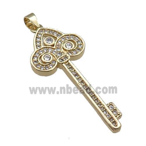 copper Key pendant paved zircon, gold plated
