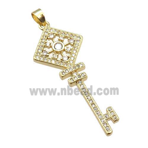 copper Key pendant paved zircon, gold plated