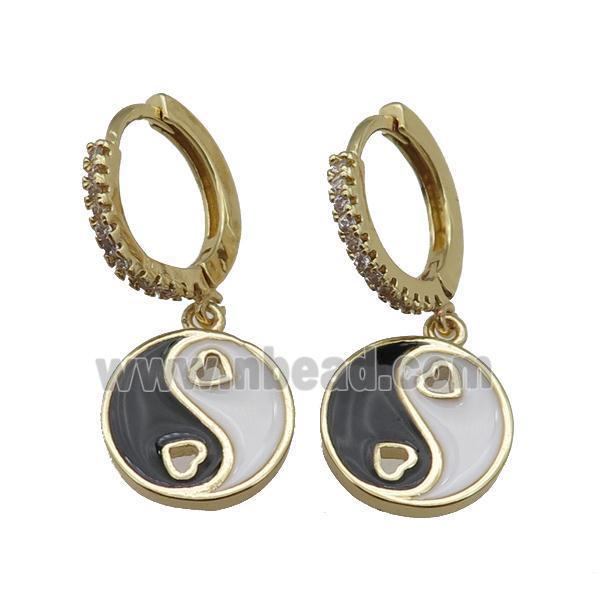 copper Hoop Earrings with enamel Taichi, yinyang, gold plated