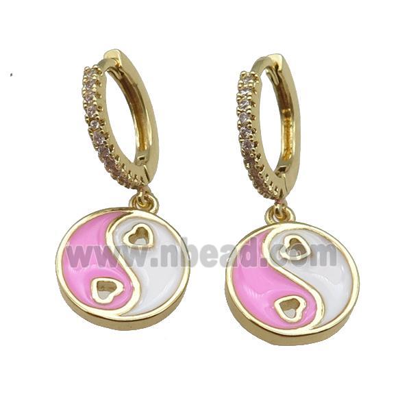 copper Hoop Earrings with pink enamel Taichi, yinyang, gold plated