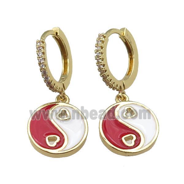 copper Hoop Earrings with red enamel Taichi, yinyang, gold plated
