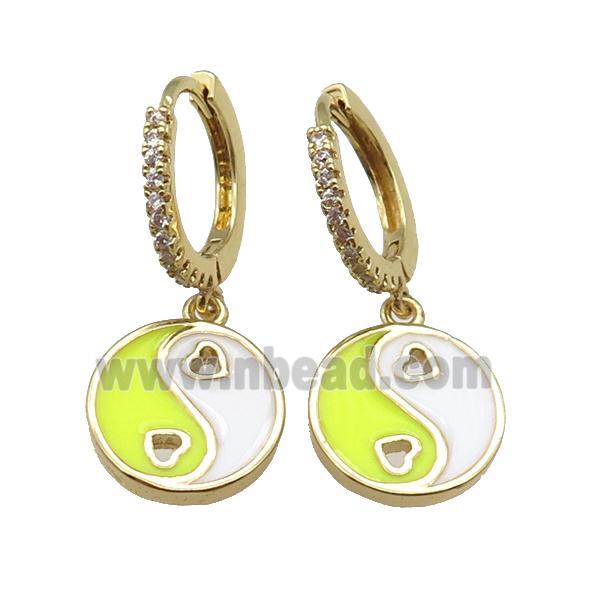 copper Hoop Earrings with yellow enamel Taichi, yinyang, gold plated