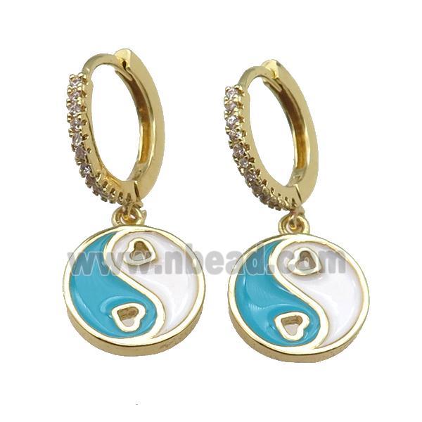 copper Hoop Earrings with teal enamel Taichi, yinyang, gold plated