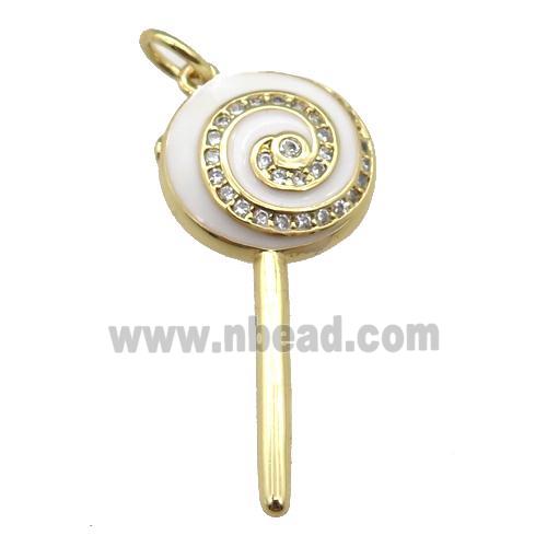 copper Lollipop pendant paved zircon with white enamel, gold plated