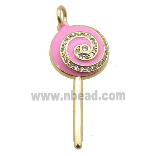 copper Lollipop pendant paved zircon with pink enamel, gold plated