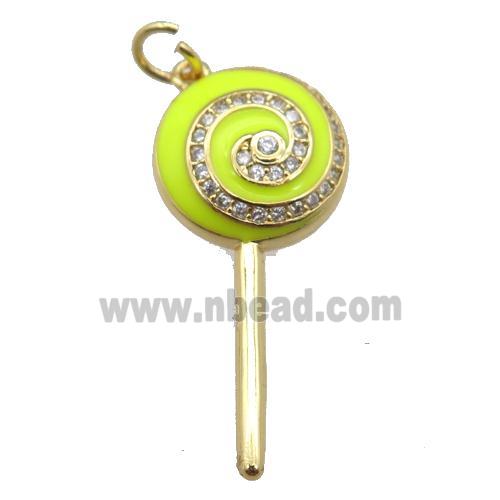 copper Lollipop pendant paved zircon with yellow enamel, gold plated