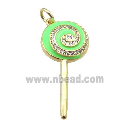 copper Lollipop pendant paved zircon with green enamel, gold plated